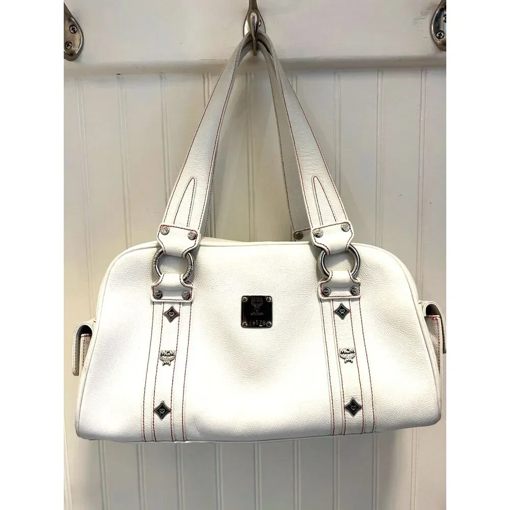 MCM White Leather Papillon Satchel